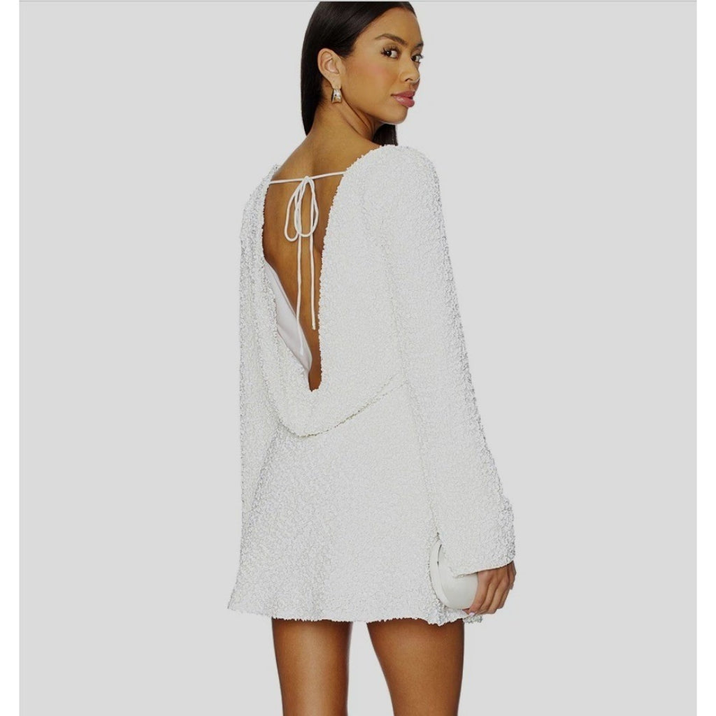 Lovers and Friends White Sequin Cowl Back Mini Dress Long Sleeve Large NEW bride
