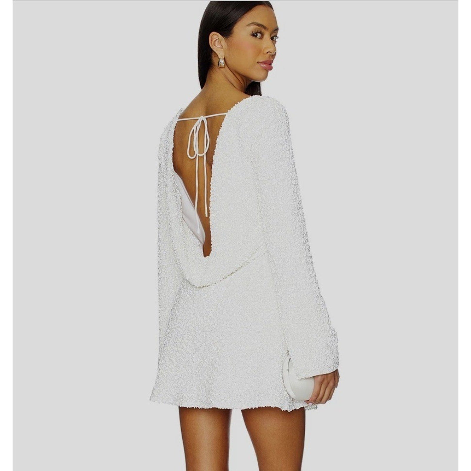 Lovers and Friends White Sequin Cowl Back Mini Dress Long Sleeve Large NEW bride