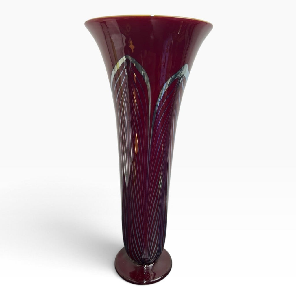Rick Strini Signed Art Glass Trumpet Vase Cranberry Red Pulled Feather 14"2000
