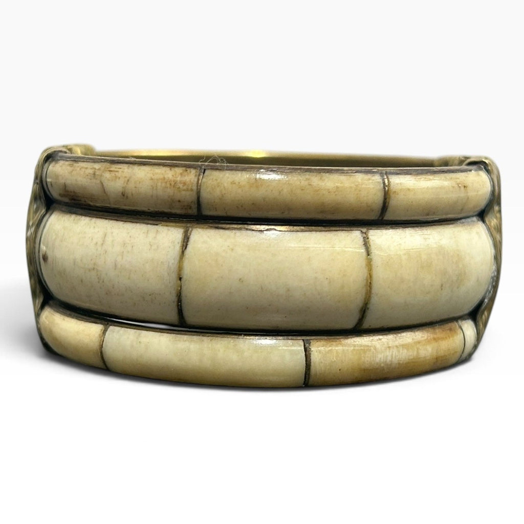 Vintage Brass and Bovine Bone Hinged Cuff Bracelet Ornate Scrollwork Pin Closure