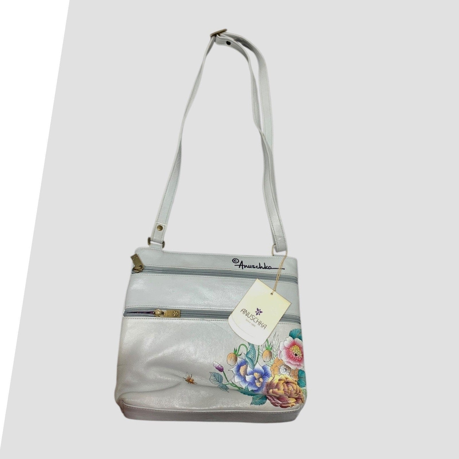 Anuschka Hand Painted Leather Floral Bee Crossbody Bag White RFID Organizer