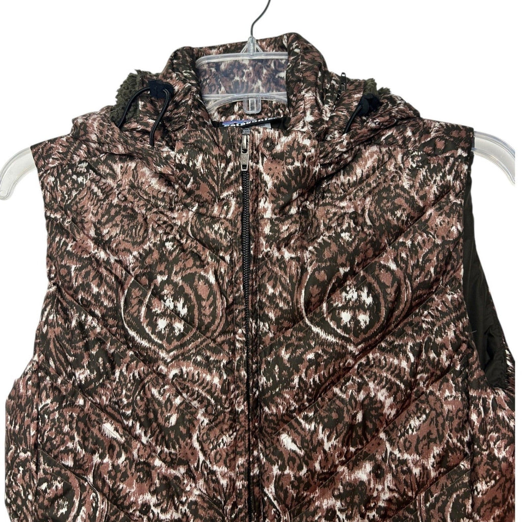 Patagonia Womens Down With It Vest Walnut Brown Paisley Ikat Print Hooded Small
