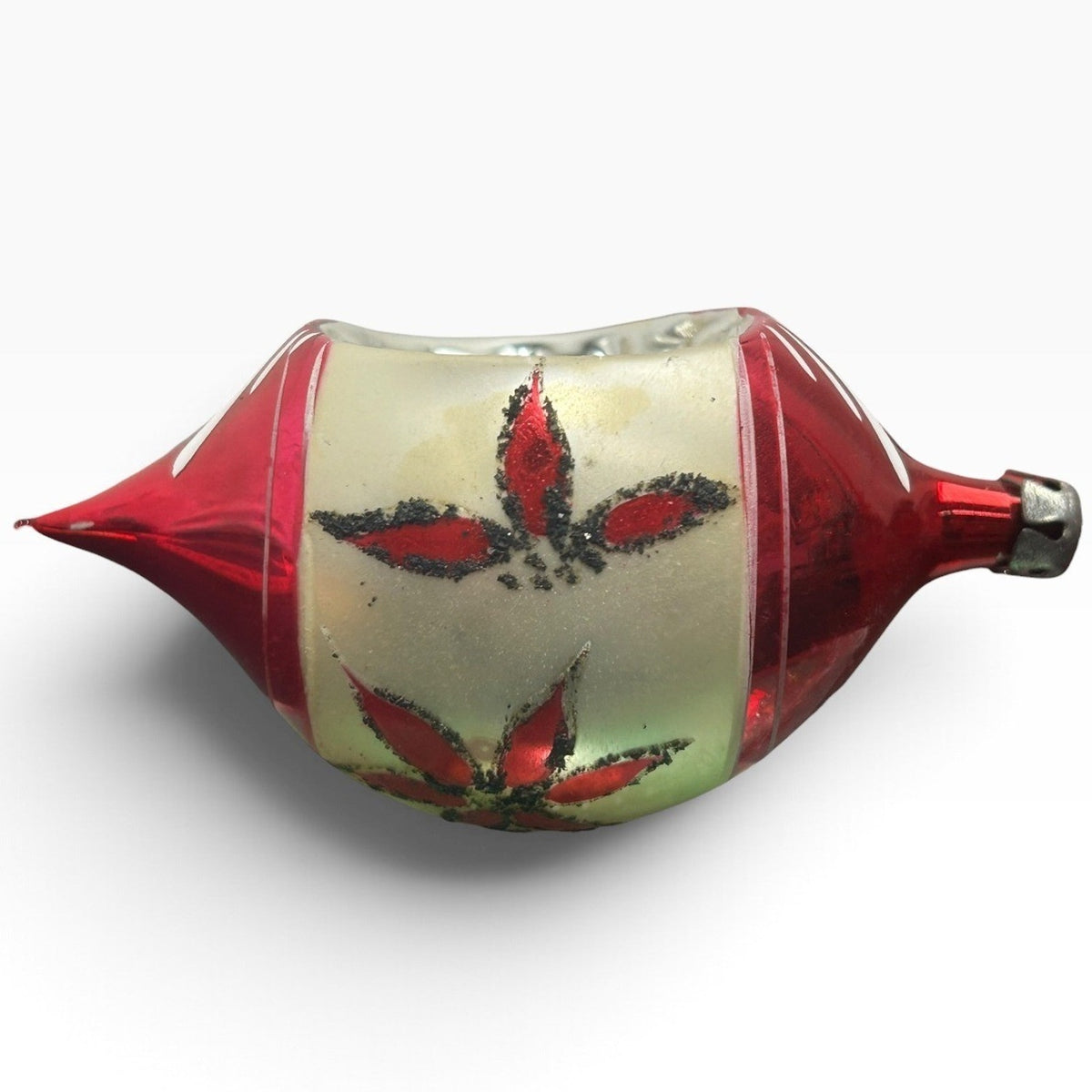 Vintage Poland Teardrop Indented Reflector Glass Christmas Ornament Red 3.25in