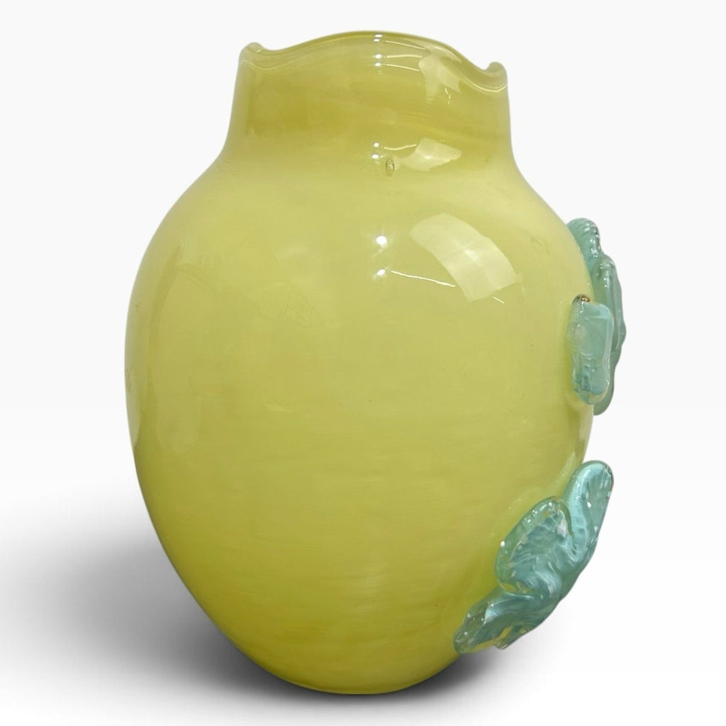 Anthropologie Yellow Glass Vase with Blue Applied Flowers Scalloped Rim 6.5in