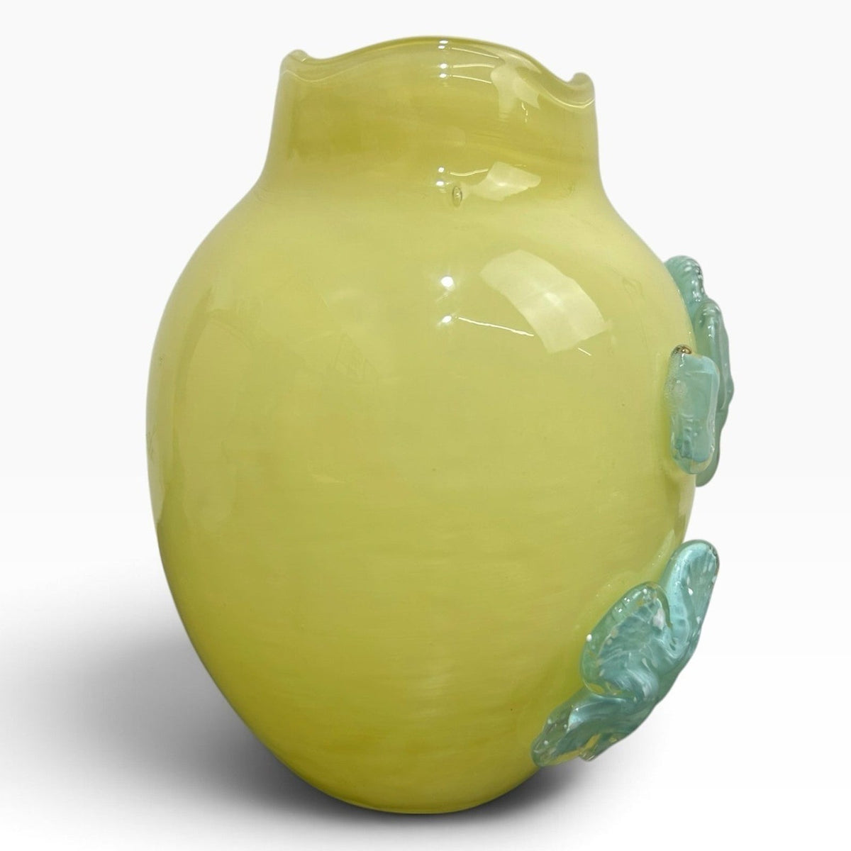 Anthropologie Yellow Glass Vase with Blue Applied Flowers Scalloped Rim 6.5in