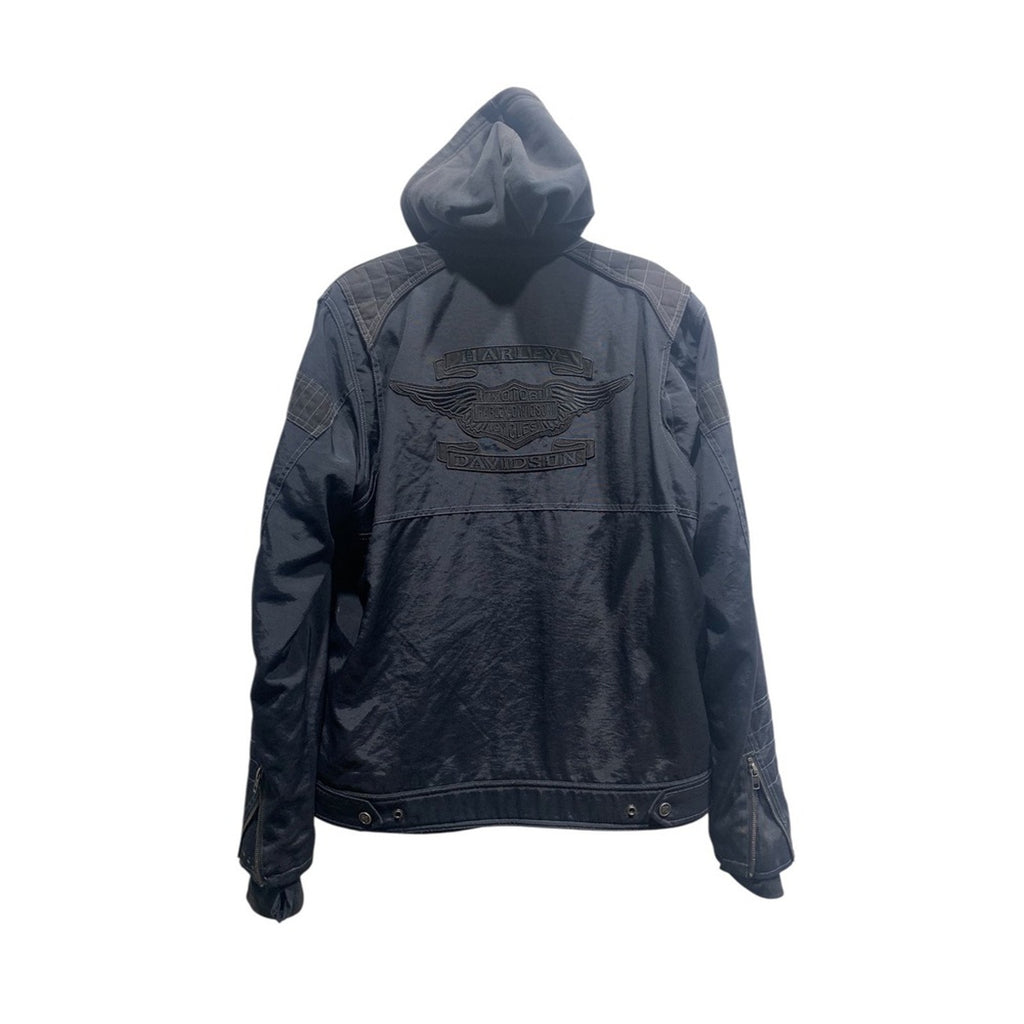 Harley Davidson Mens Tall L Black Hooded Motorcycle Jacket Full Zip Emblem