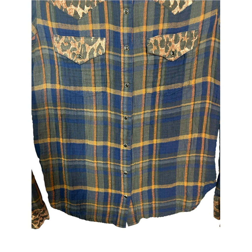 Johnny Was Workshop Navy Plaid Leopard Print Western Button Up Shirt XS layering