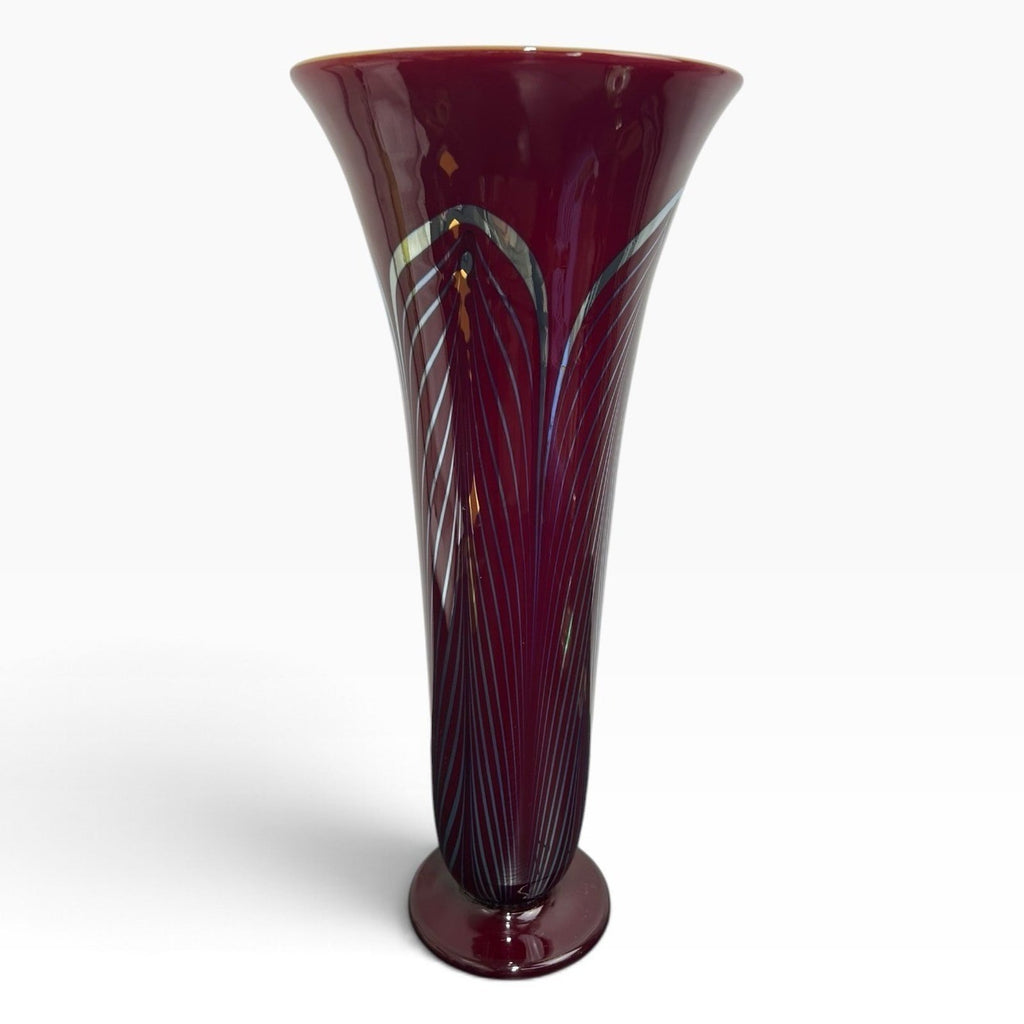 Rick Strini Signed Art Glass Trumpet Vase Cranberry Red Pulled Feather 14"2000