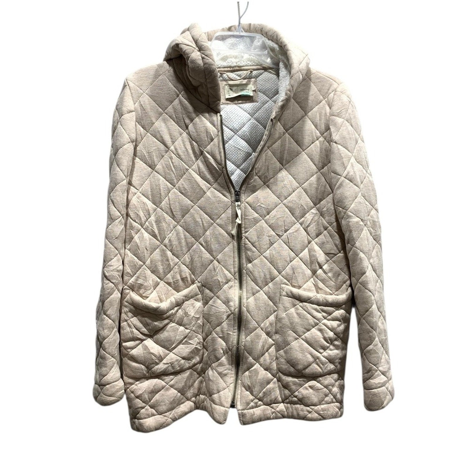 Saturday Sunday Quilted Hooded Jacket Beige Full Zip Pockets Cozy Womens sz M