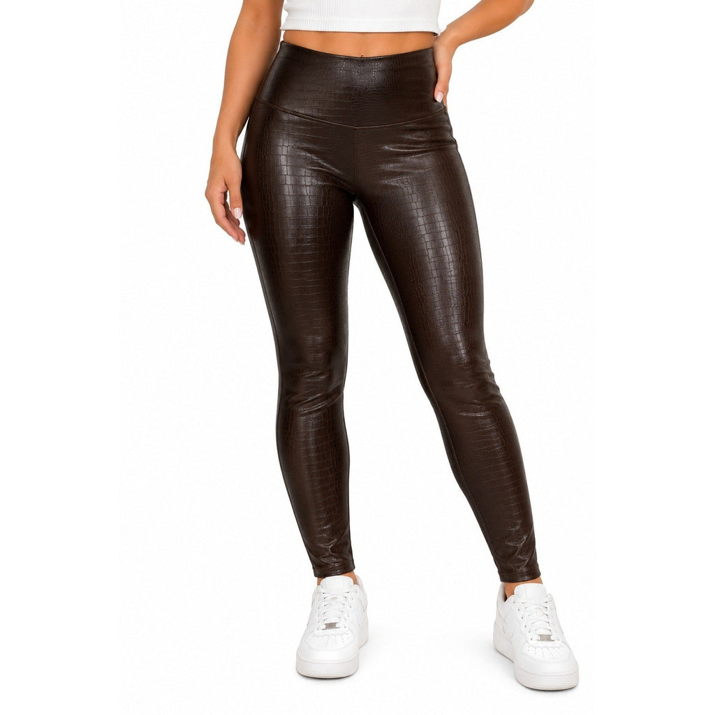 Spanx Faux Leather Croc Leggings Dark Brown High Waisted Medium Slimming Pants