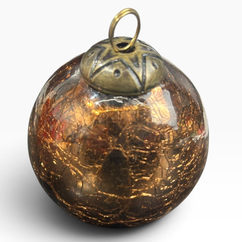 Vintage Amber Crackle Kugel Style Christmas Ornament 3 inch Star Cap 6.2oz