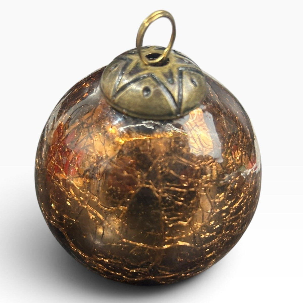 Vintage Amber Crackle Kugel Style Christmas Ornament 3 inch Star Cap 6.2oz