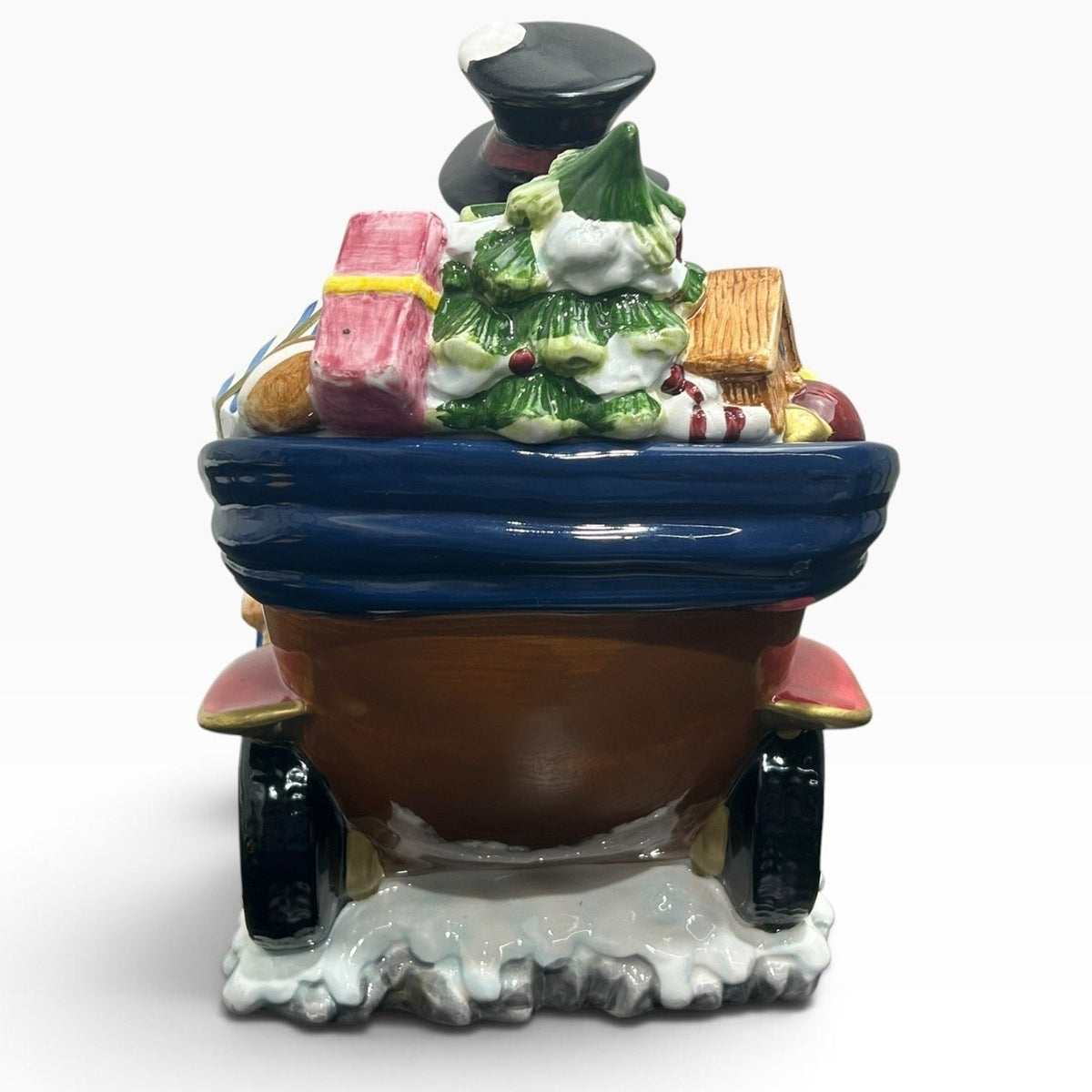 Tomsky Ltd 2004 Snowman Driving Vintage Car Christmas Ceramic Cookie Jar 11"