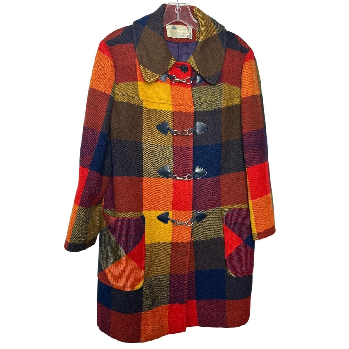 Vintage Pendleton Knockabouts Wool Plaid Coat Lobster Claw Toggle Red Orange L