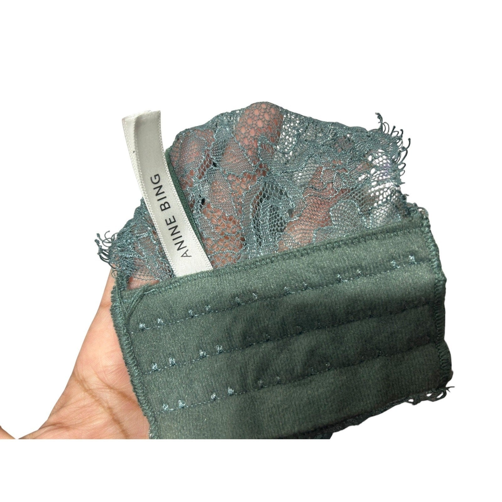 Anine Bing Forest Green Eyelash Lace Longline Bralette Sheer V-Neck Bra