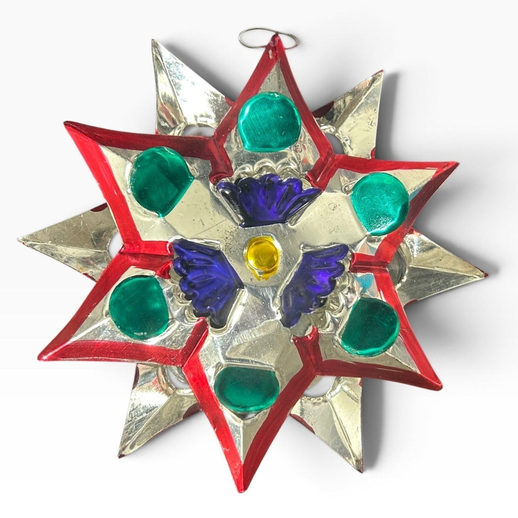 Vintage Mexican 3D Tin Star Ornament 5 Inch Hand Painted Folk Art Silver Red
