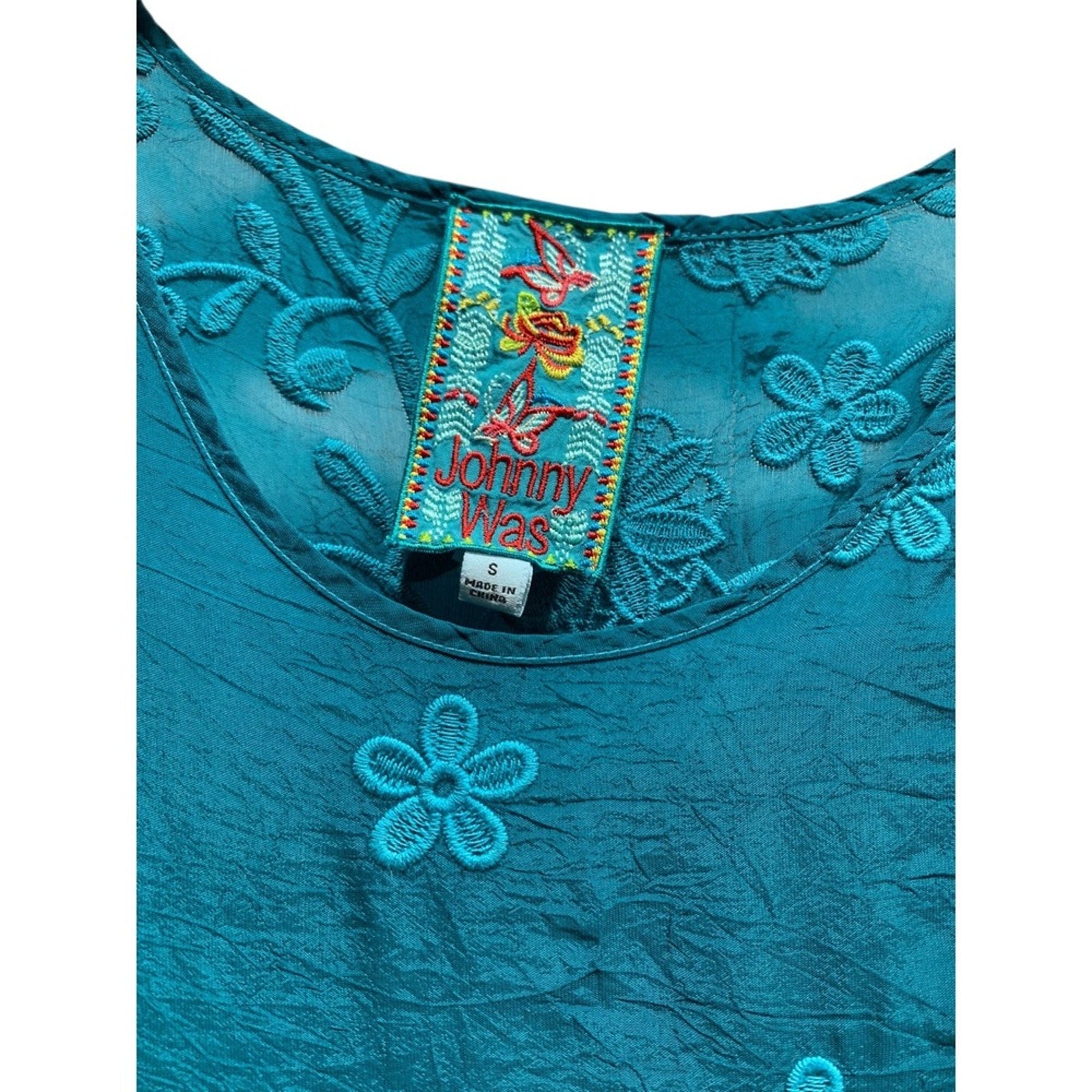 Johnny Was Embroidered Tunic Top Teal Floral Crochet Sleeve Womens Small S