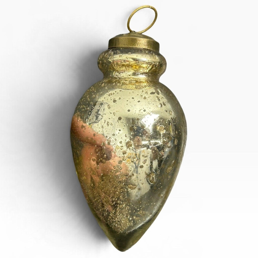 Modern Reprod Mercury Glass Teardrop Ornament Distressed Gold Silver Finial Cute