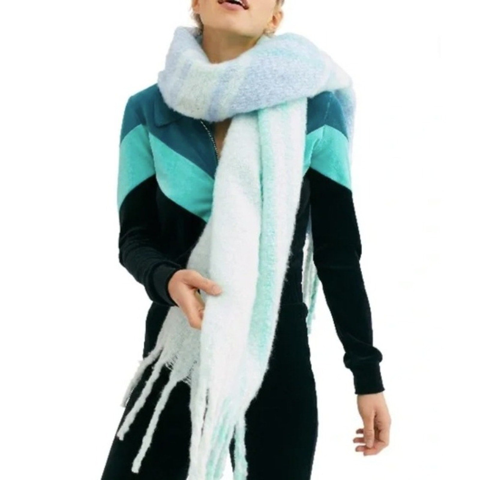 NEW Free People Chunky Gemini Pastel Plaid Winter Scarf, Blue and Green