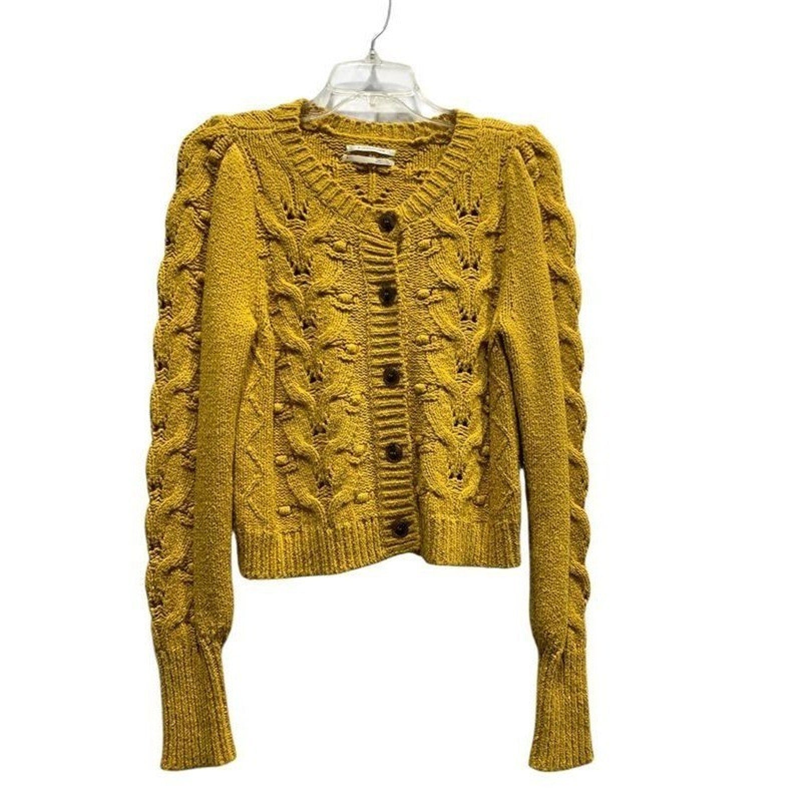 Anthropologie Mustard Yellow Cable Knit Puff Sleeve Cardigan Sweater Small