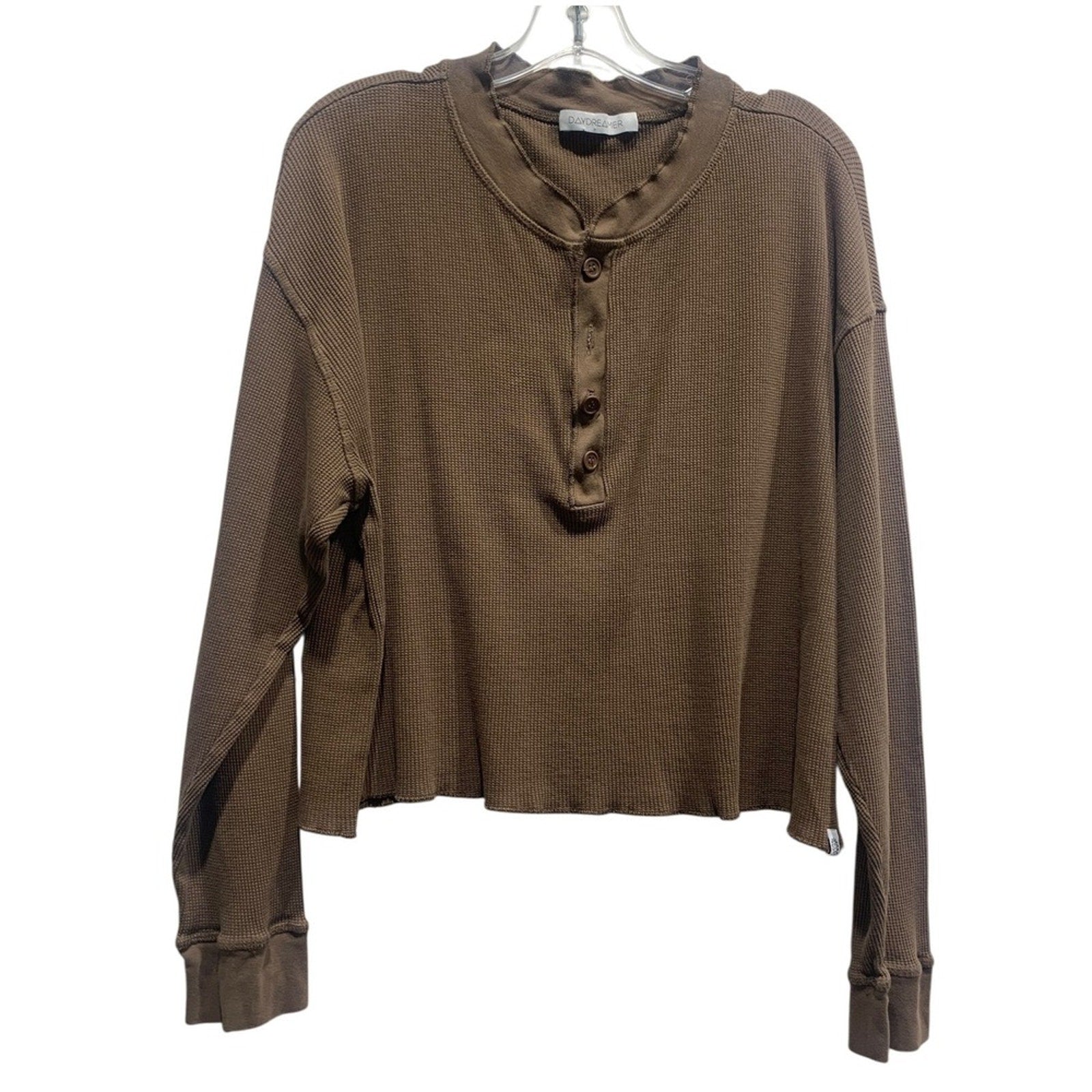 Daydreamer LA Brown Waffle Knit Long Sleeve Cropped Henley Top sz SMALL