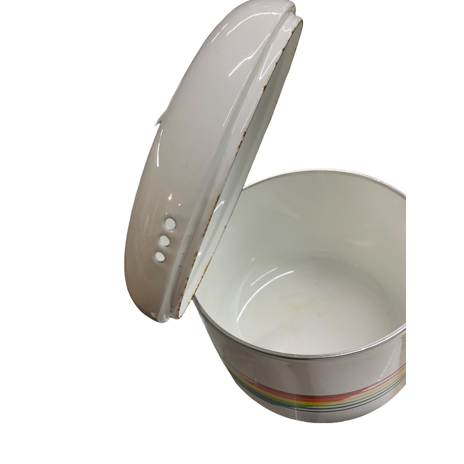 Vintage Enamel Fabrique Rainbow Pots with lids Set of 3