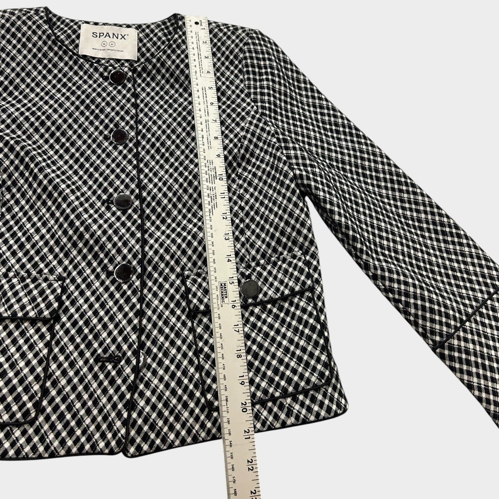 Spanx Ponte Black White Gingham Button Front Jacket Blazer Medium career preppy
