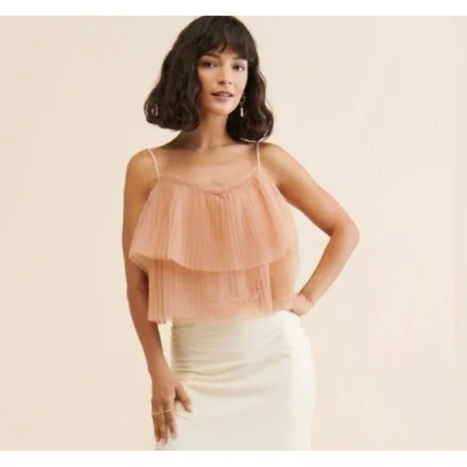 Anthropologie Tiered Tulle Camisole Top Peach Tan Mesh Layered Tank M OB1777380