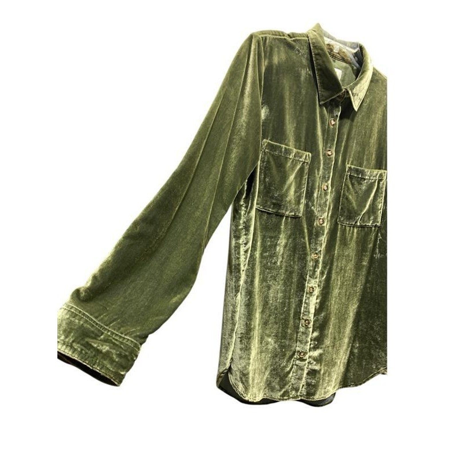 Maeve Anthropologie Olive Green Velvet Button Down Shirt Long Sleeve Womens Sz 6