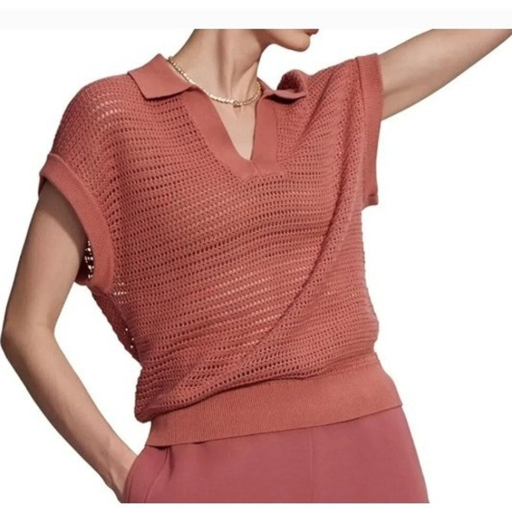 Varley Otto Knit Vest Terracotta Rose Cotton Open Knit Polo Sweater S Coastal
