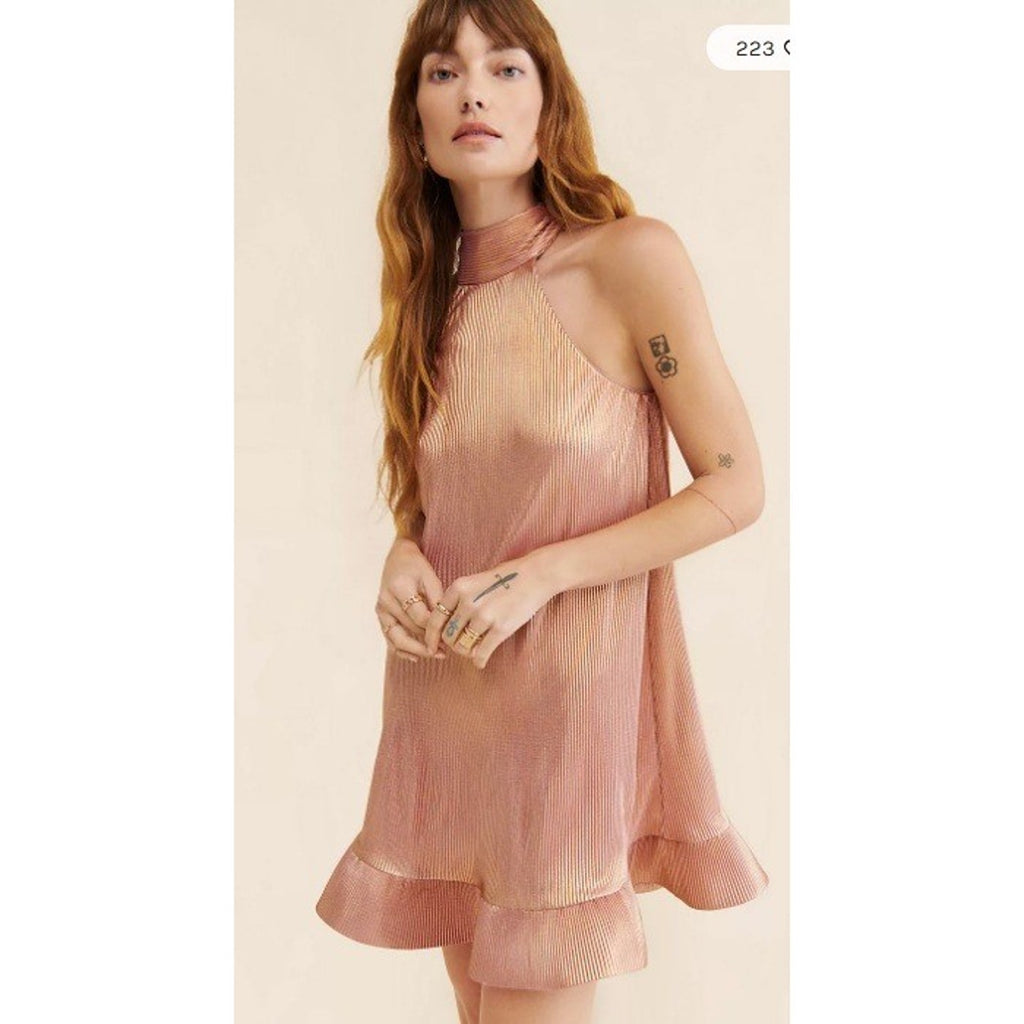 NWT SAYLOR Rose Gold Metallic Pleated Mini Dress Halter Neck Tie Back XS