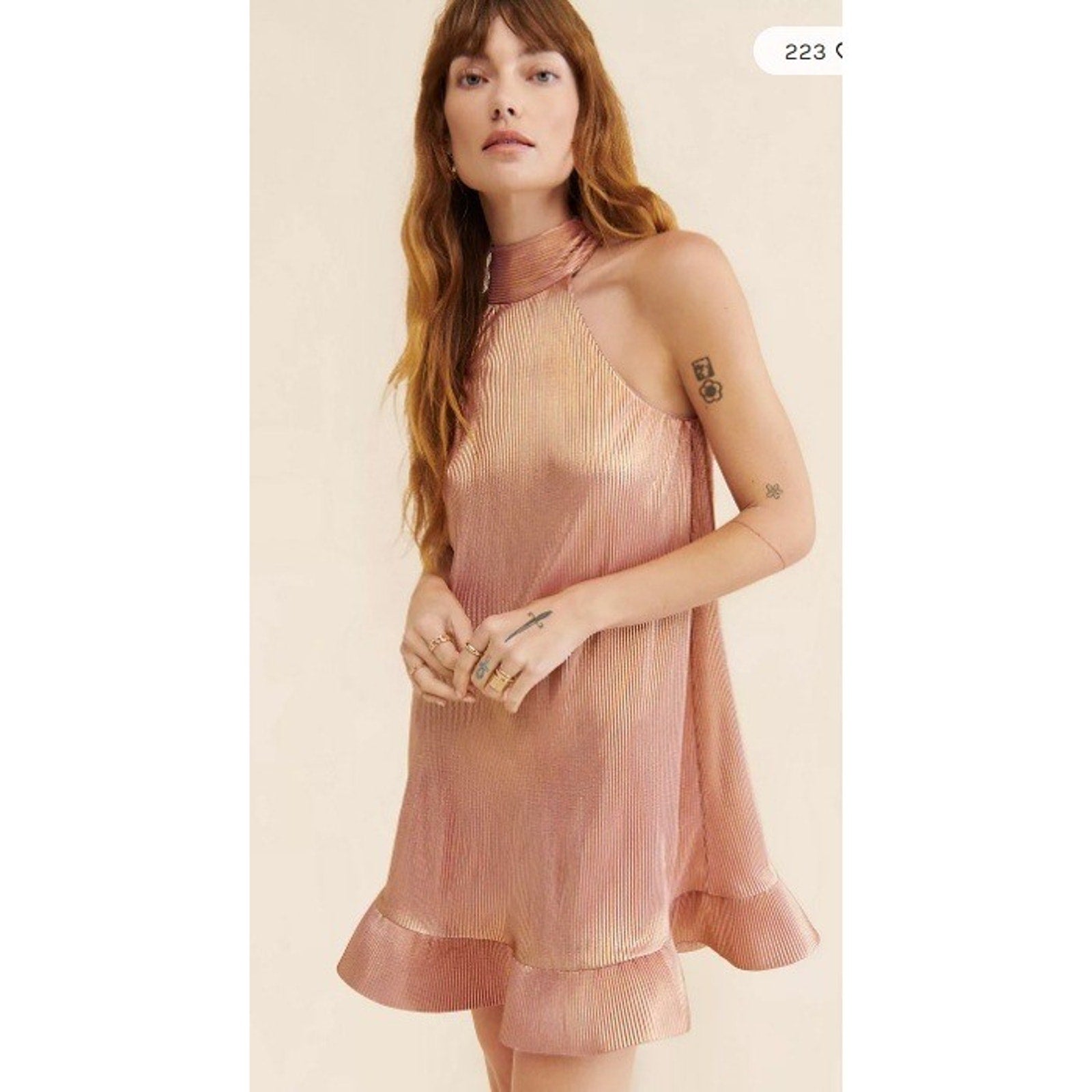 NWT SAYLOR Rose Gold Metallic Pleated Mini Dress Halter Neck Tie Back XS