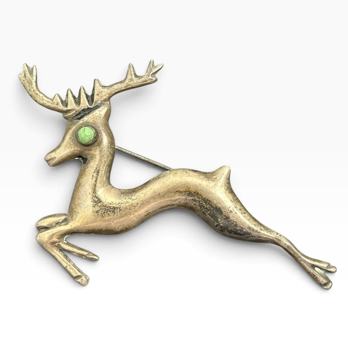 Vintage Mexico Sterling Silver Leaping Deer Stag Brooch Green Stone Eye Bohemian