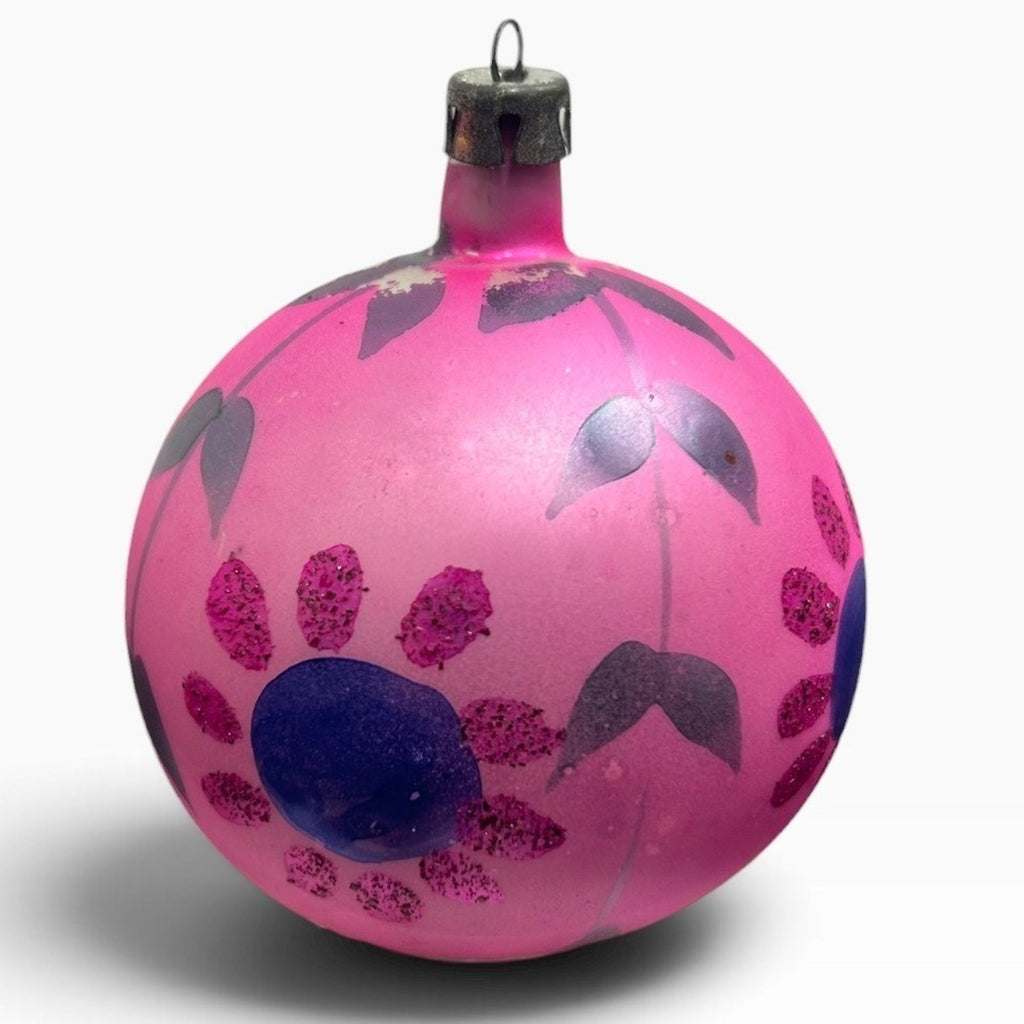 Vintage Poland Pink Glass Christmas Ornament Hand Painted Floral Glitter 2.5"