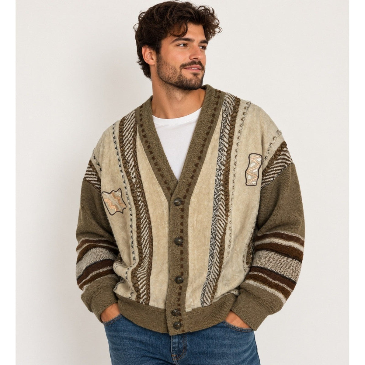 Vintage Maxini Collezione Suede 3D Knit Cardigan Jacket Mens XL Brown Tan patch