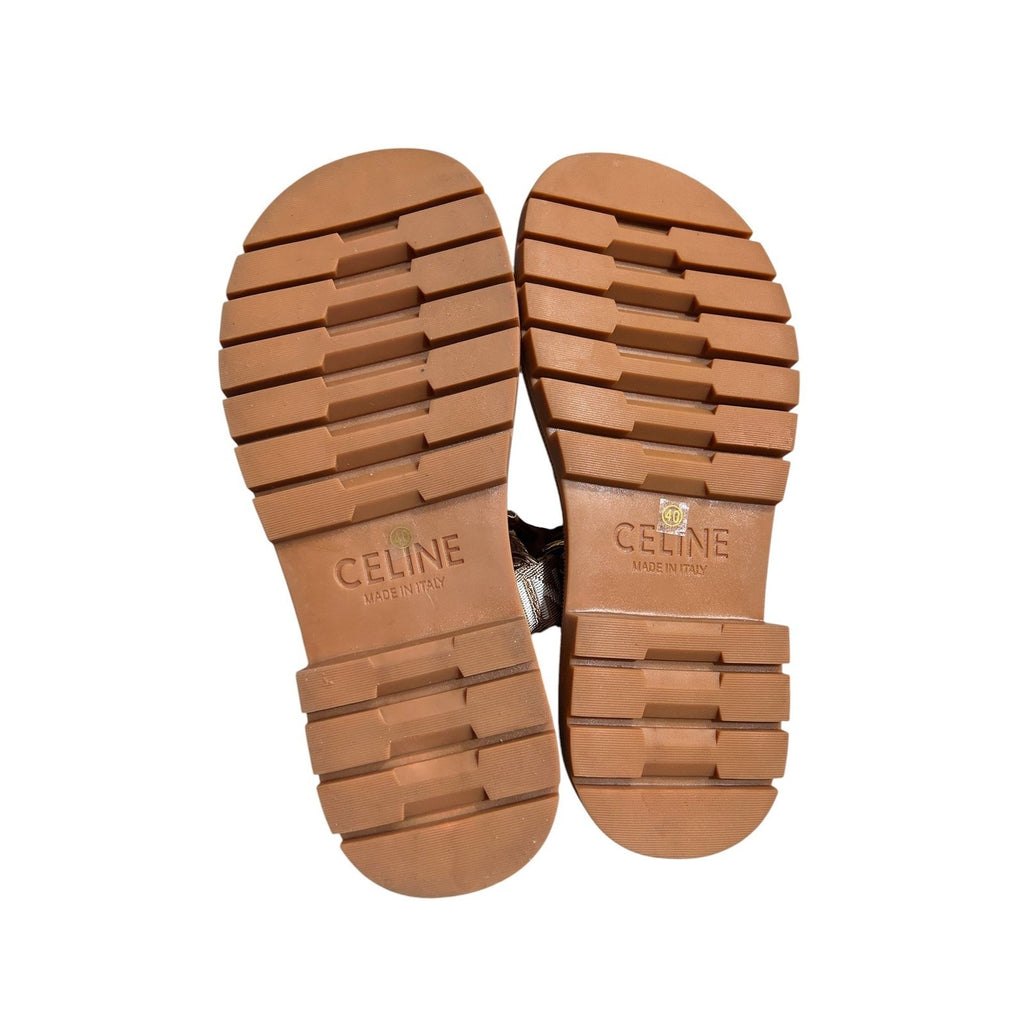 Celine Leo Flat Sandals Bronze Logo Jacquard Lug Sole Womens Size 40 Italy