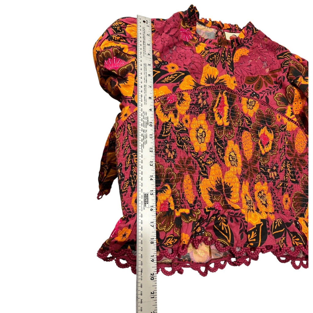 Farm Rio Garden Bloom Smocked Floral Crop Blouse Pink Orange Size M