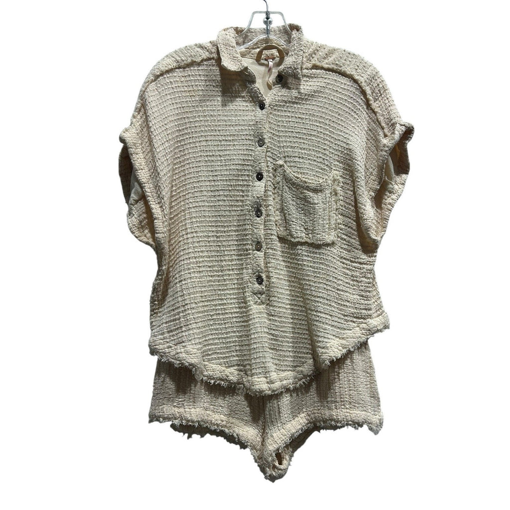 Free People Hop Aboard One-Piece Cream Textured Waffle Knit romper S boho lounge