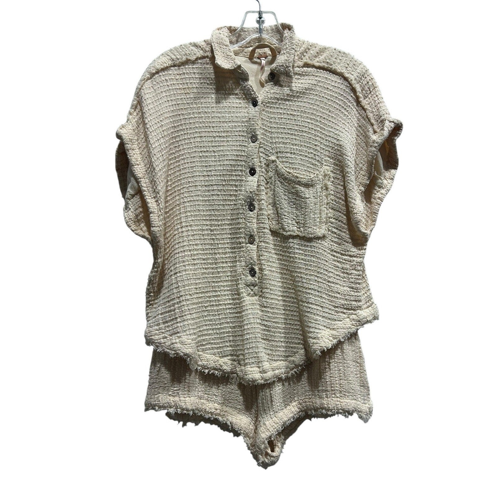 Free People Hop Aboard One-Piece Cream Textured Waffle Knit romper S boho lounge