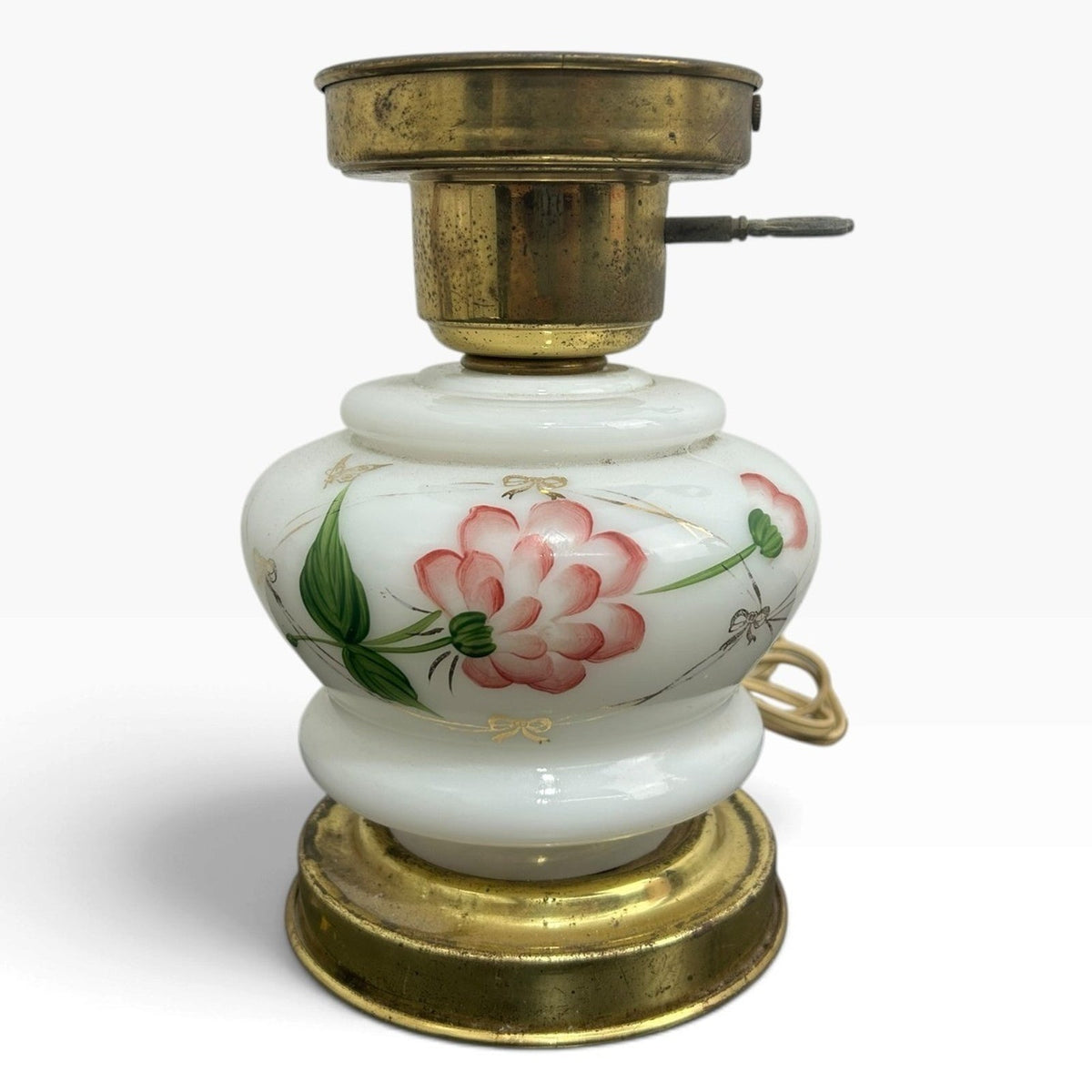 Tested Vintage Milk Glass Hurricane Parlor Lamp Hand Painted GWTW Brass Base