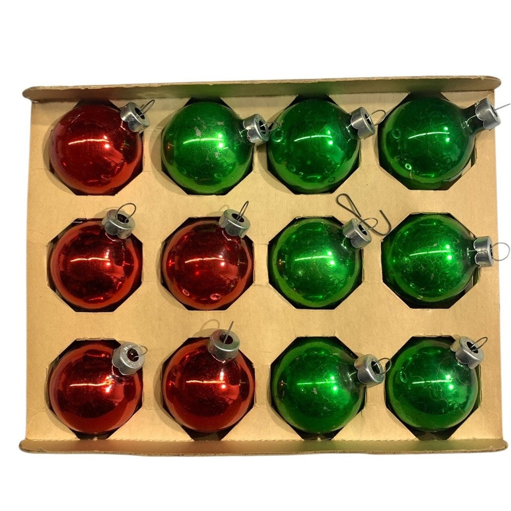 Holly Glass Ornaments Red-5 Green-7 Round 12 Piece Set 1 1/4 Inch Diameter
