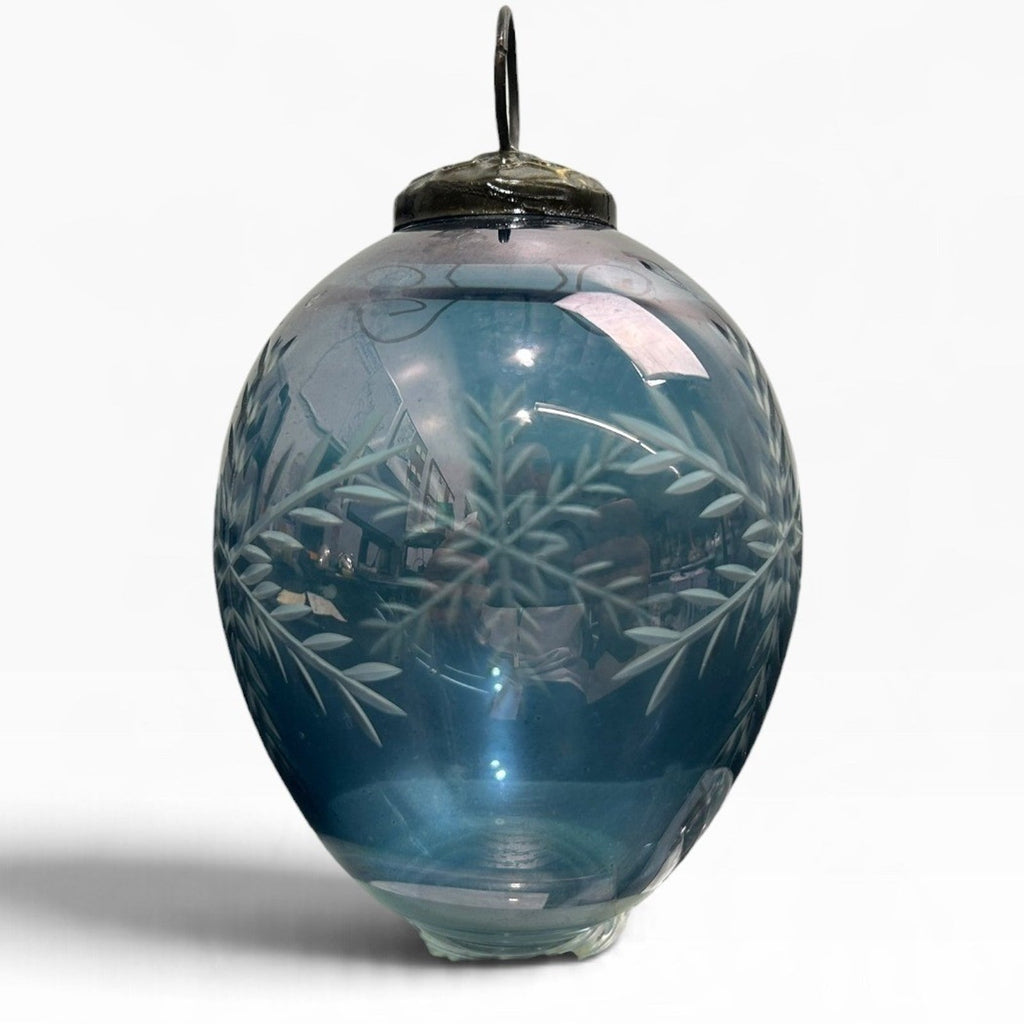 Vintage Light Blue Iridescent Etched Snowflake Glass Christmas Ornament 4 inch