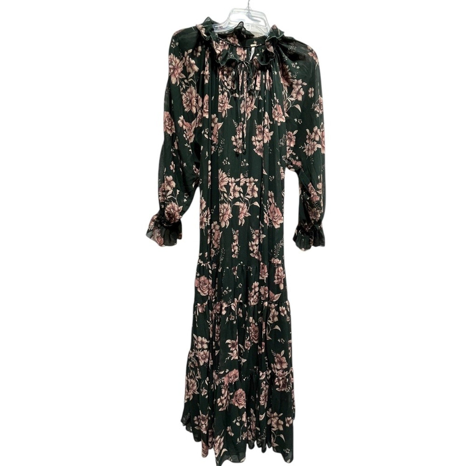 Free People Feeling Groovy Maxi Dress Green Pink Floral Print Tiered Size S