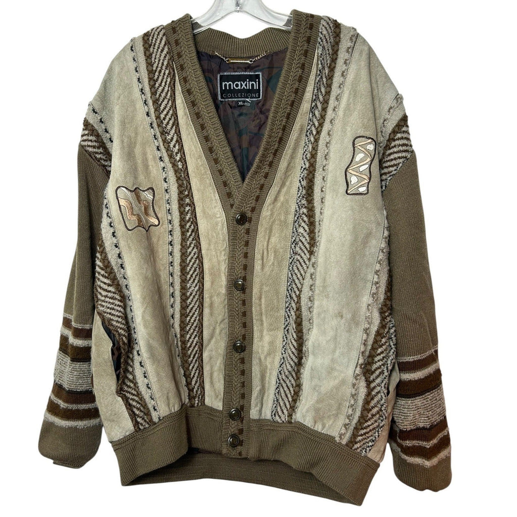 Vintage Maxini Collezione Suede 3D Knit Cardigan Jacket Mens XL Brown Tan patch