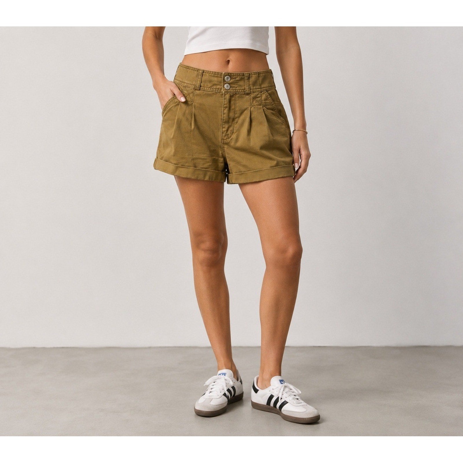 Pilcro Relaxed Pleat Shorts Womens High Rise Utility Shorts Mustard Tan Size 26