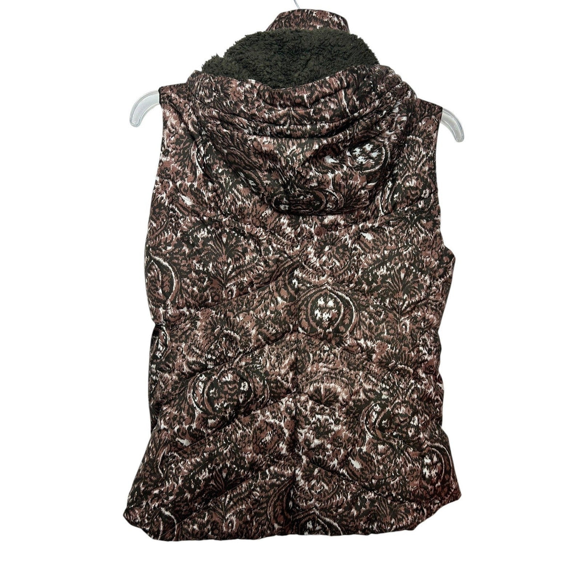 Patagonia Womens Down With It Vest Walnut Brown Paisley Ikat Print Hooded Small