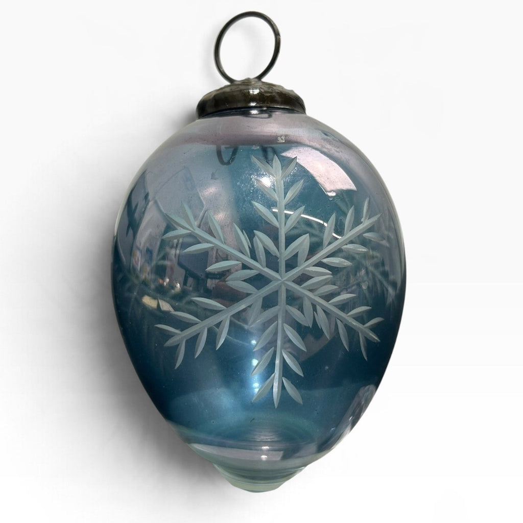 Vintage Light Blue Iridescent Etched Snowflake Glass Christmas Ornament 4 inch