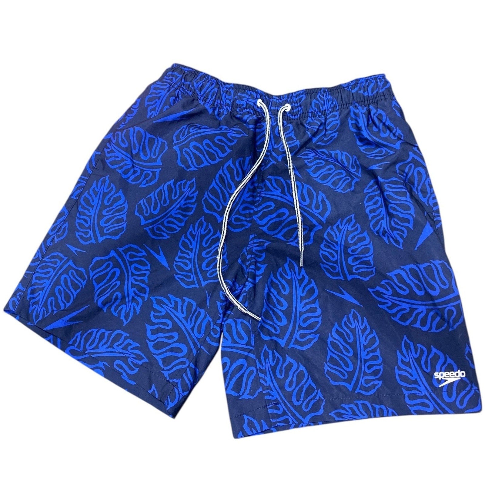 Speedo Mens Navy Blue Monstera Leaf Print Swim Trunks Mesh Lining Size Medium