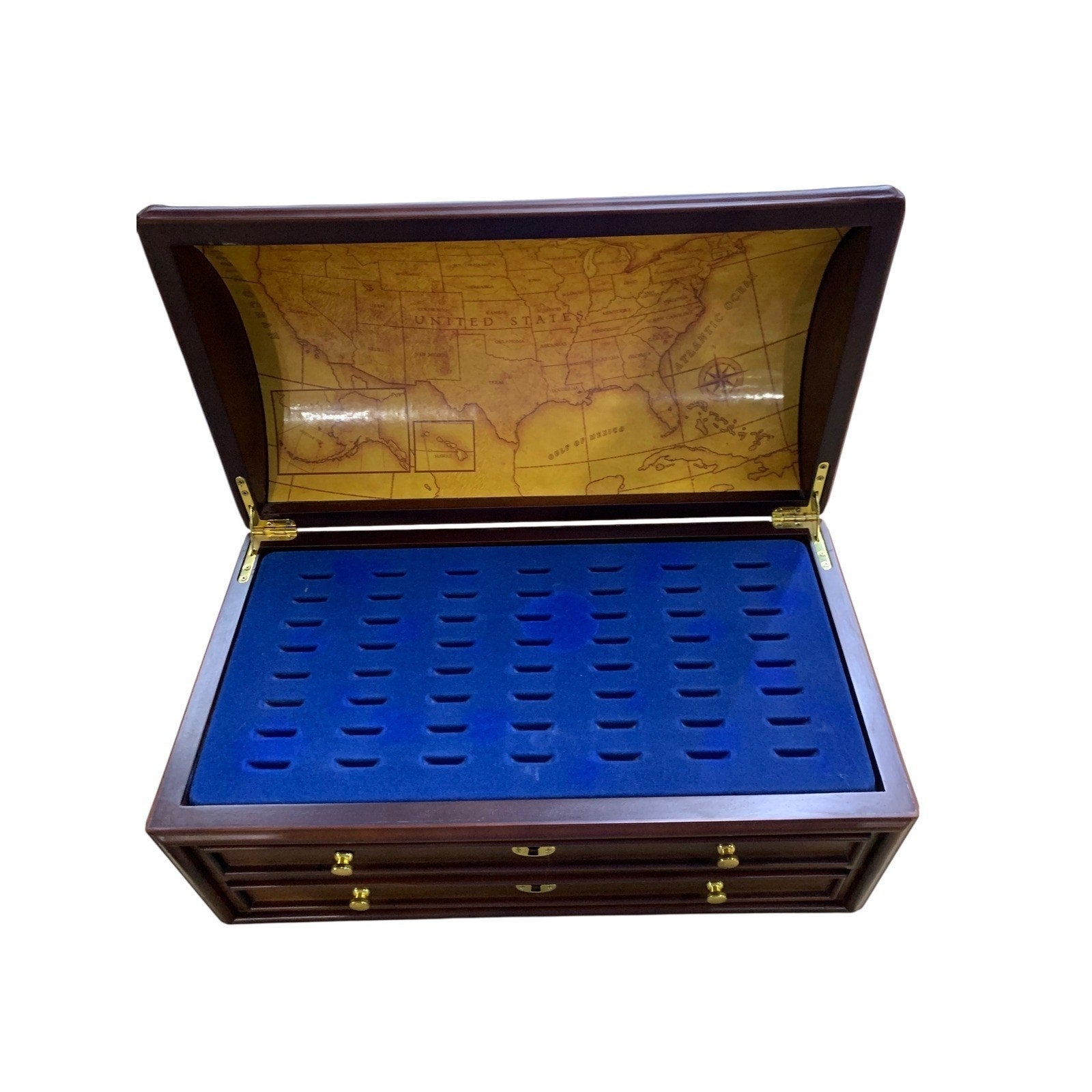 Vintage Wooden Coin Collectors Chest Roll Top Storage Box Display Case