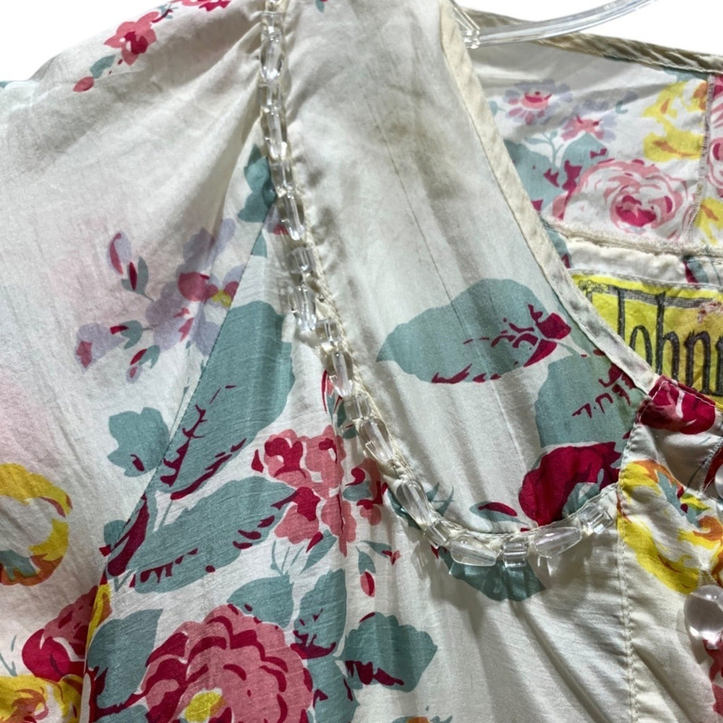 Johnny Was Silk Floral Tunic Dress XS Beaded Neckline Polka Dot Hem Vintage
